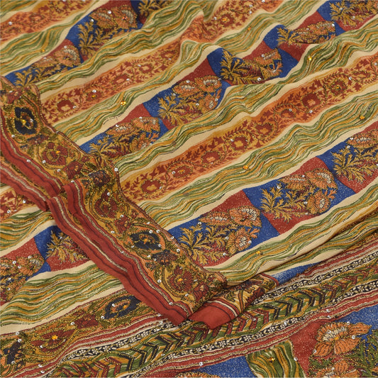 Sanskriti Vintage Sarees Multi Pure Crepe Silk Printed Sari 5yd Craft Sustainable Fabric