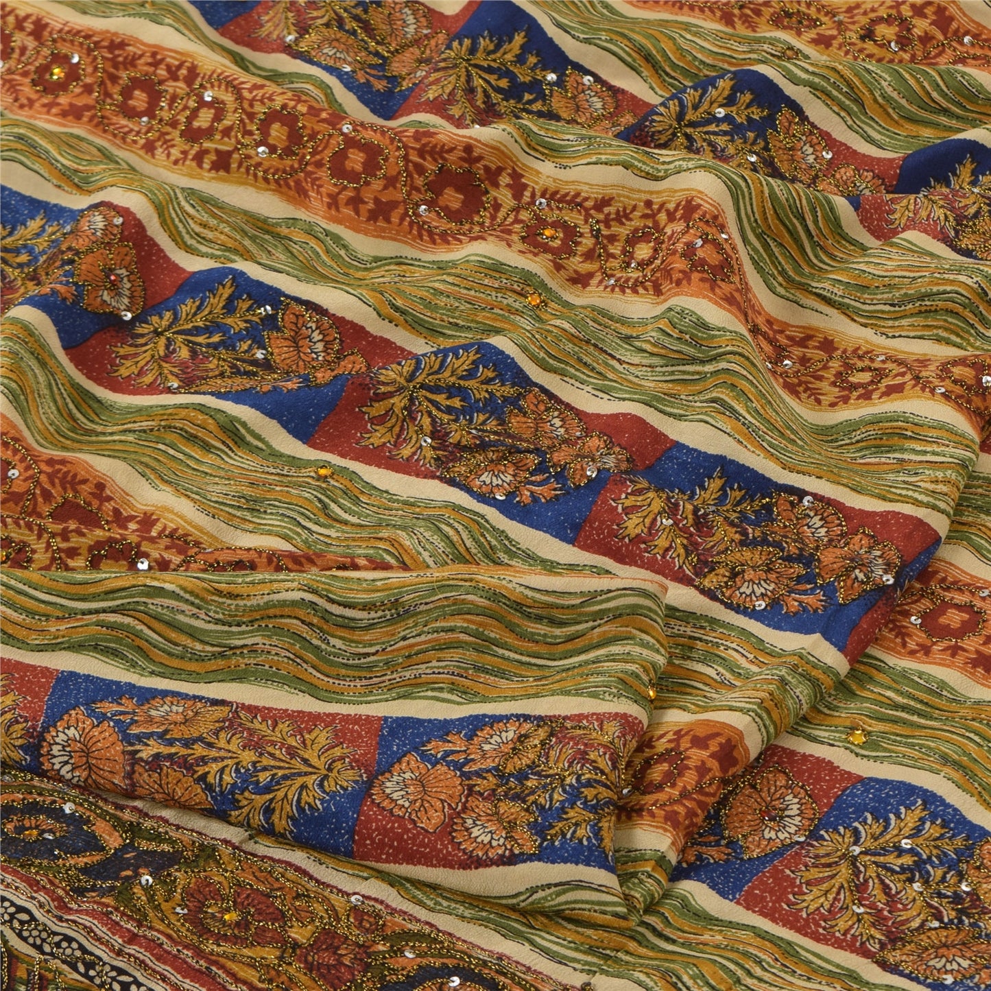 Sanskriti Vintage Sarees Multi Pure Crepe Silk Printed Sari 5yd Craft Sustainable Fabric