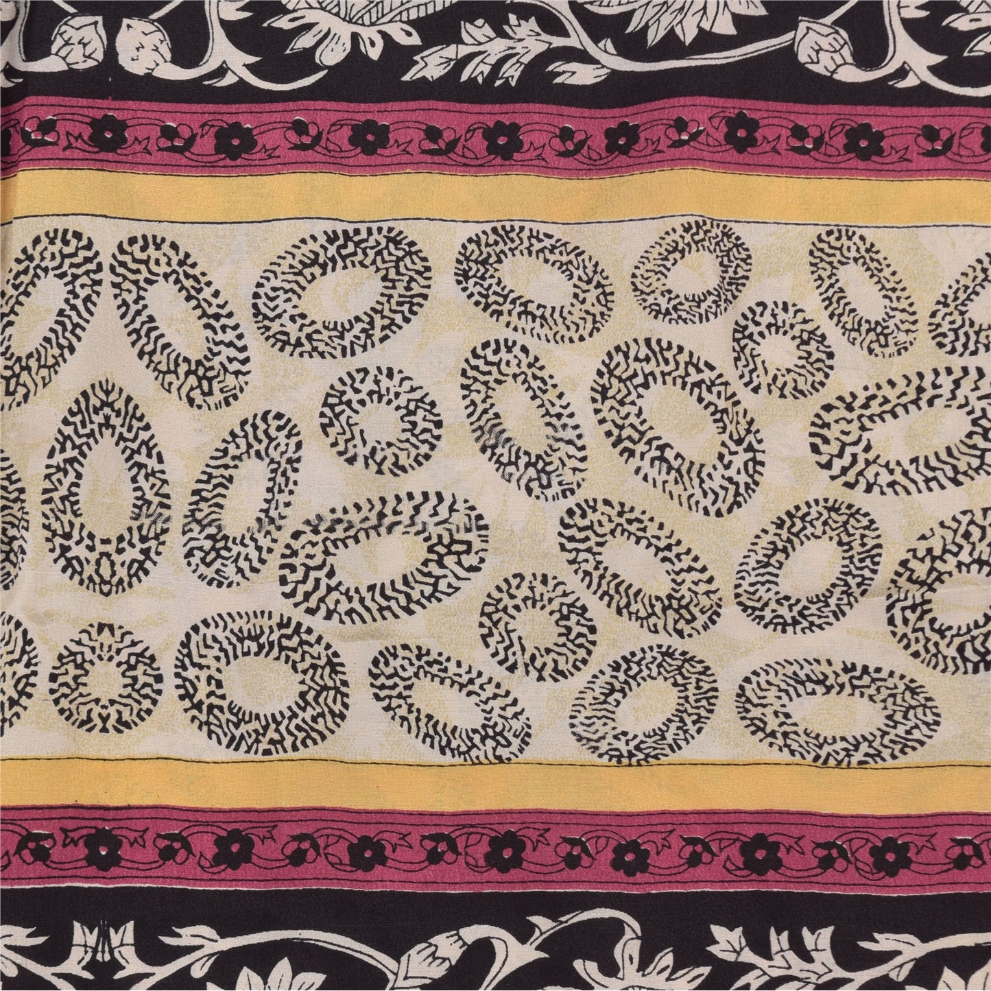 Sanskriti Vintage Sarees Ivory Pure Crepe Silk Printed Sari 5+yd Craft Fabric