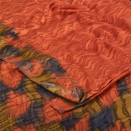 Sanskriti Vintage Sarees Orange Pure Crepe Silk Printed Sari 5yd Craft Fabric