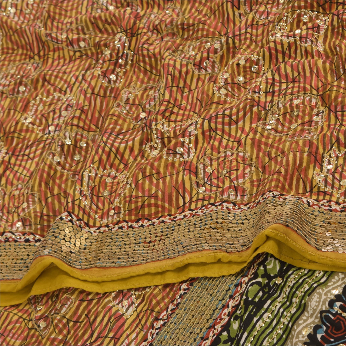 Sanskriti Vintage Sarees Pure Crepe Silk Embroidered Print Sari 5yd Craft Sustainable Fabric