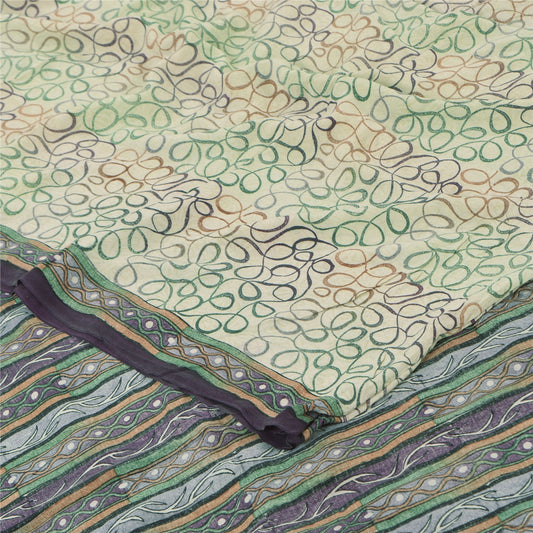 Sanskriti Vintage Sarees Ivory Pure Crepe Silk Printed Sari 5yd SoftCraft Sustainable Fabric