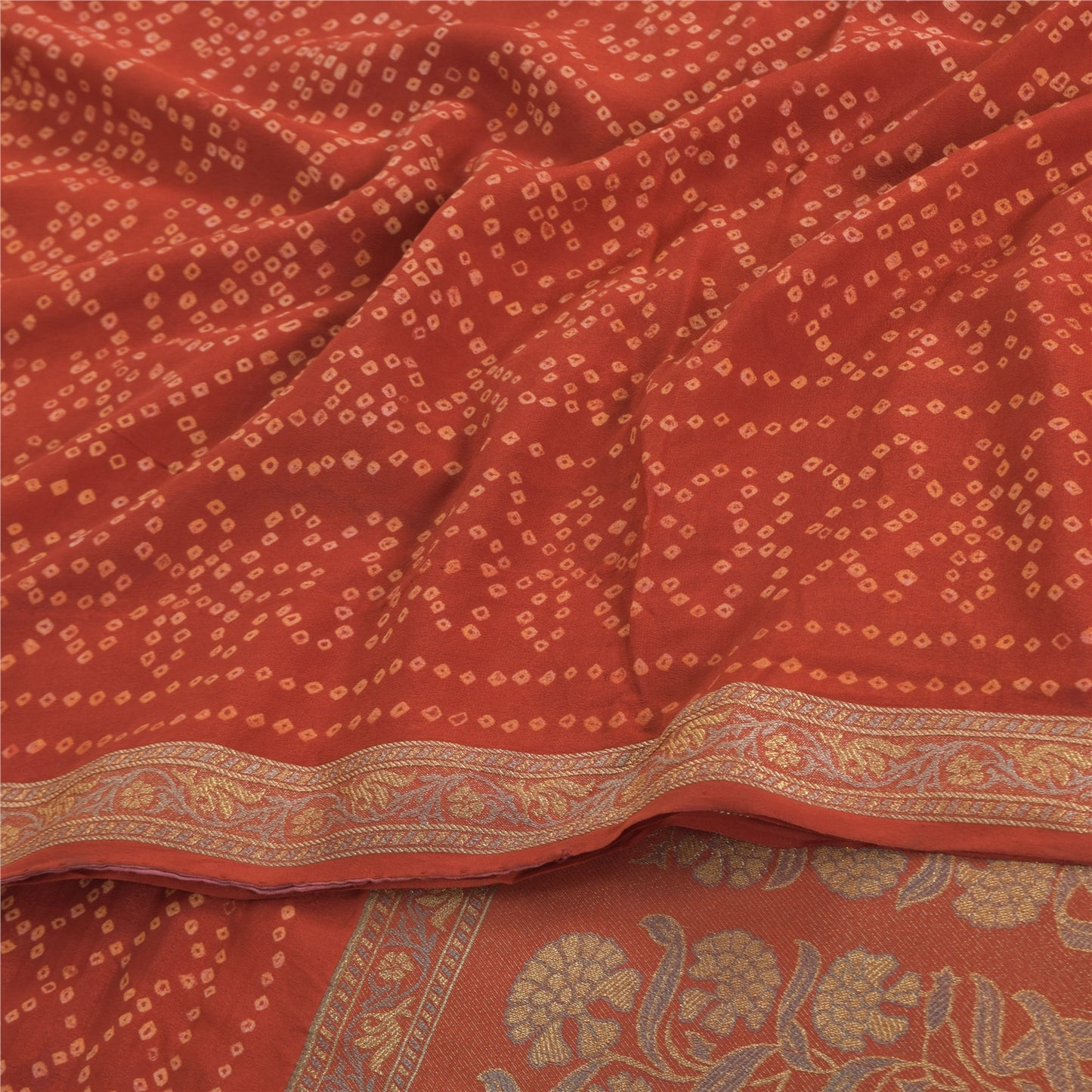 Sanskriti Vintage Sarees Orange Bandhani Printed/Woven Pure Crepe Sari Sustainable Fabric