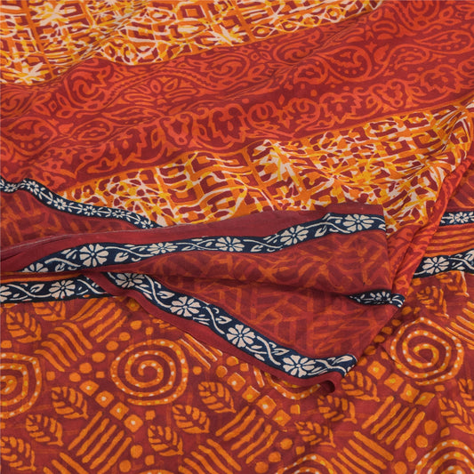 Sanskriti Vintage Sarees Orange Pure Crepe Silk Printed Sari 5yd Craft Sustainable Fabric