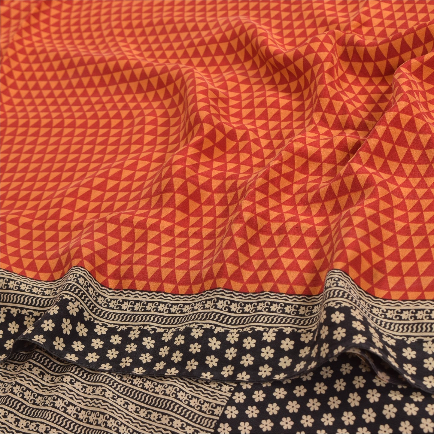Sanskriti Vintage Sarees Orange Pure Crepe Silk Printed Sari 5yd Craft Sustainable Fabric