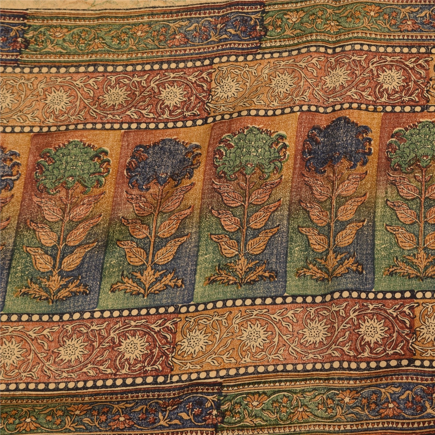 Sanskriti Vintage Sarier Beige Ren Crepe Silke Trykt Sari 5yd Håndværk Bæredygtigt Stoff