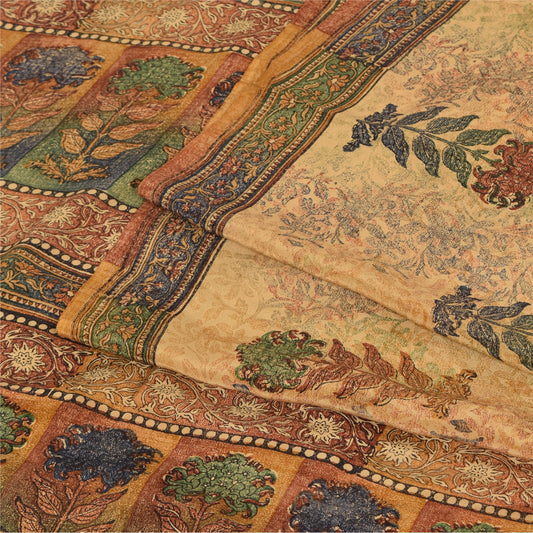 Sanskriti Vintage Sarees Beige Pure Crepe Silk Printed Sari 5yd Craft Sustainable Fabric