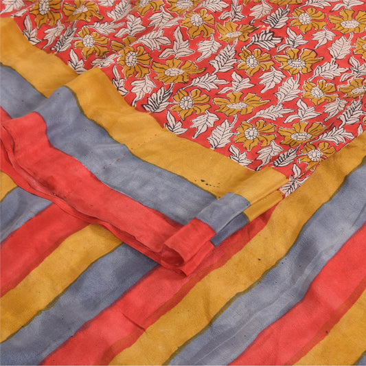 Sanskriti Vintage Sarees Red 100% Pure Crepe Silk Printed Sari 5yd Craft Sustainable Fabric