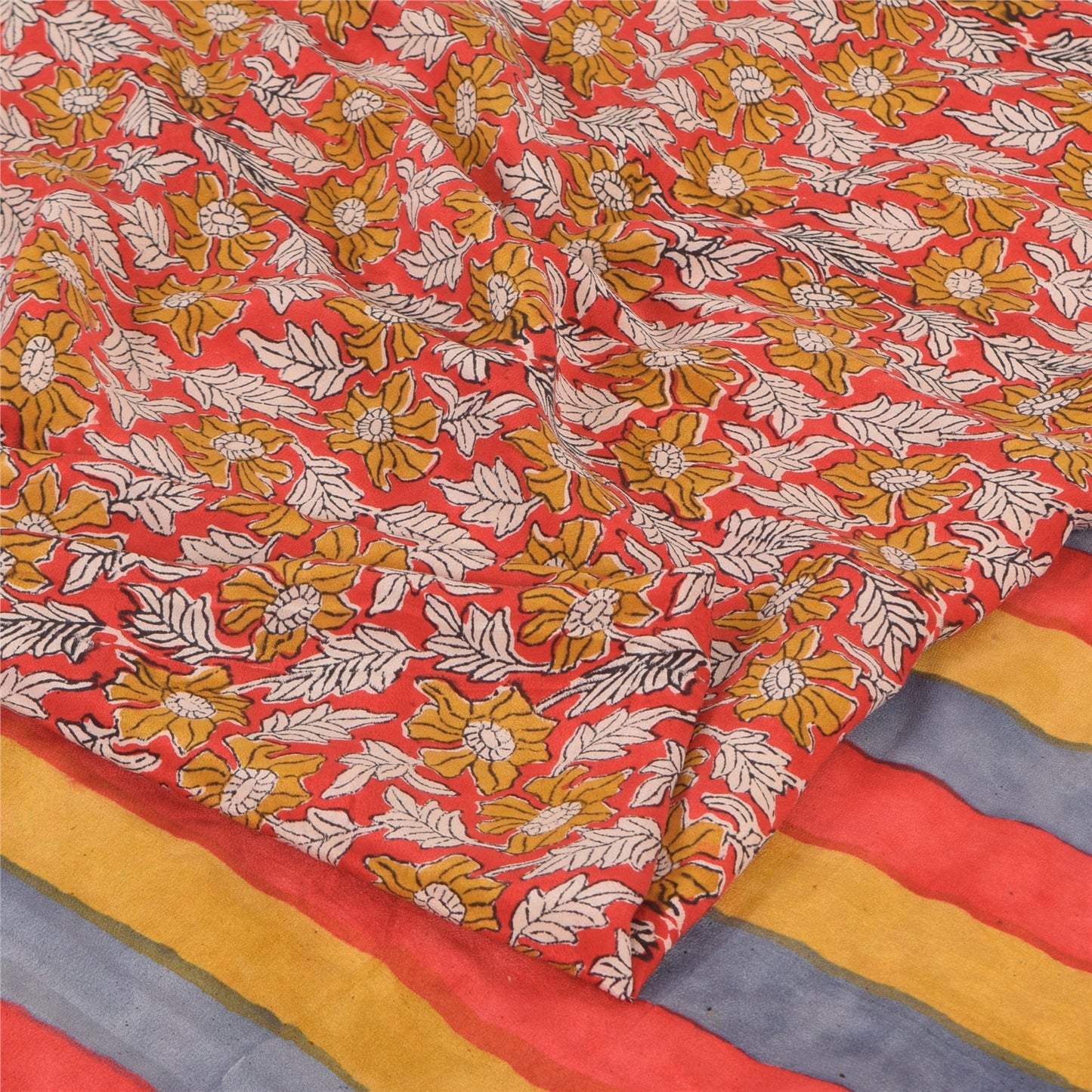 Sanskriti Vintage Sarees Red 100% Pure Crepe Silk Printed Sari 5yd Craft Sustainable Fabric
