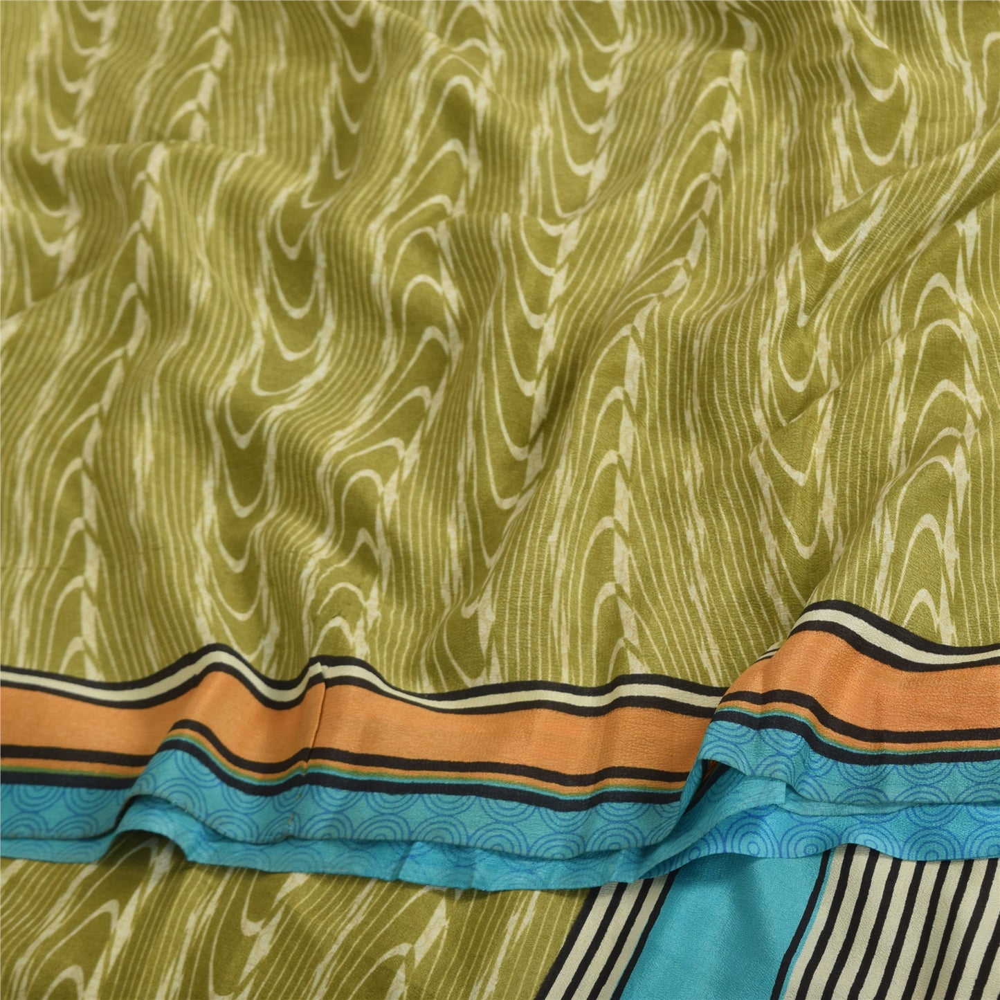 Sanskriti Vintage Sarees Green Pure Crepe Silk Printed Sari 5yd Craft Sustainable Fabric