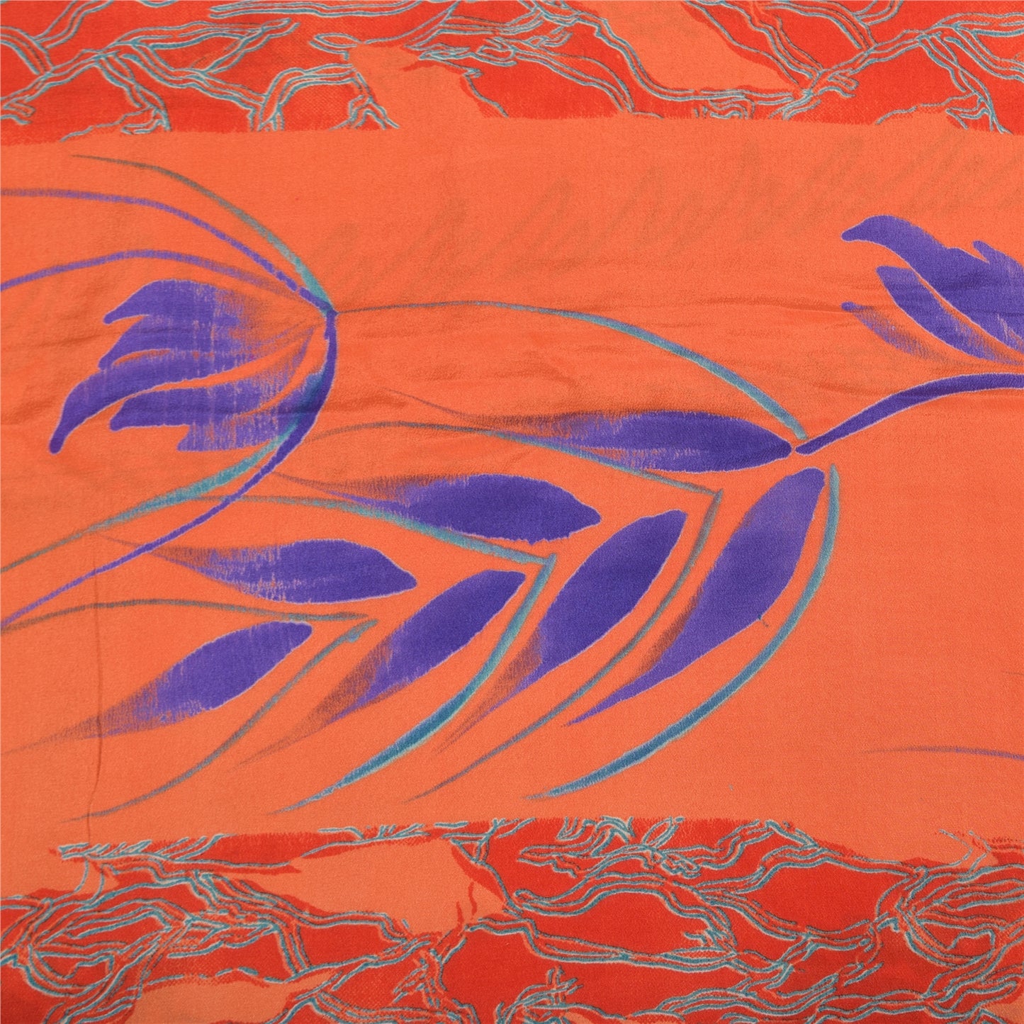 Sanskriti Vintage Sarees Orange/Blue Pure Crepe Silk Print Sari 5yd Craft Sustainable Fabric