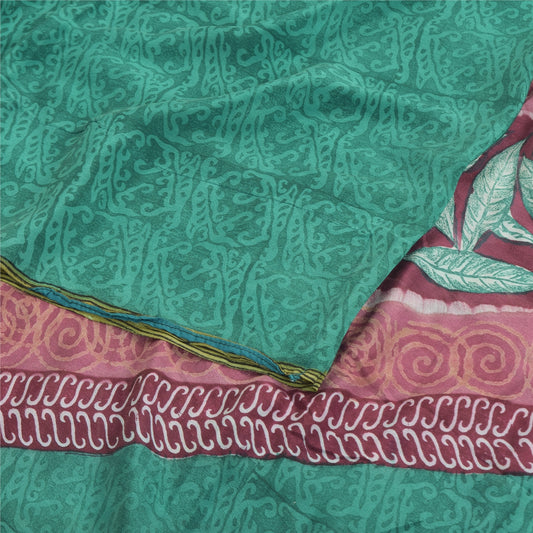 Sanskriti Vintage Sarees Green Pure Crepe Silk Printed Sari 5yd Craft Sustainable Fabric