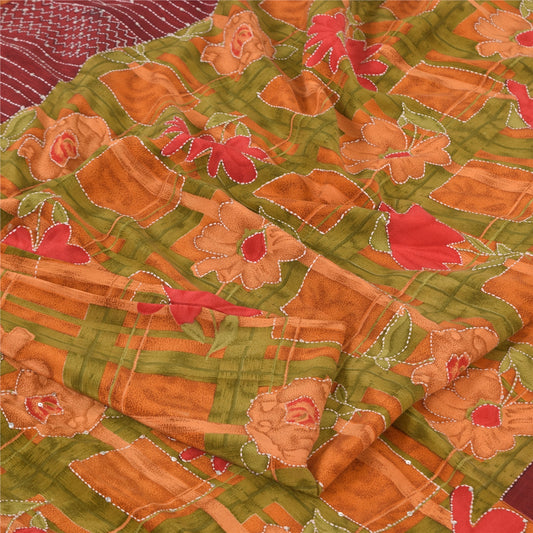 Sanskriti Vintage Sarees Hand Bead Kantha Pure Crepe Silk Print Sari 5yd Sustainable Fabric
