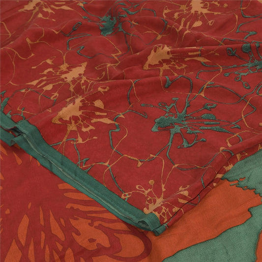 Sanskriti Vintage Sarees Red 100% Pure Crepe Silk Printed Sari 5yd Craft Sustainable Fabric