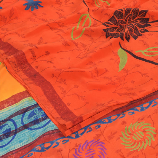 Sanskriti Vintage Sarees Orange Pure Crepe Silk Printed Sari 6yd Craft Sustainable Fabric
