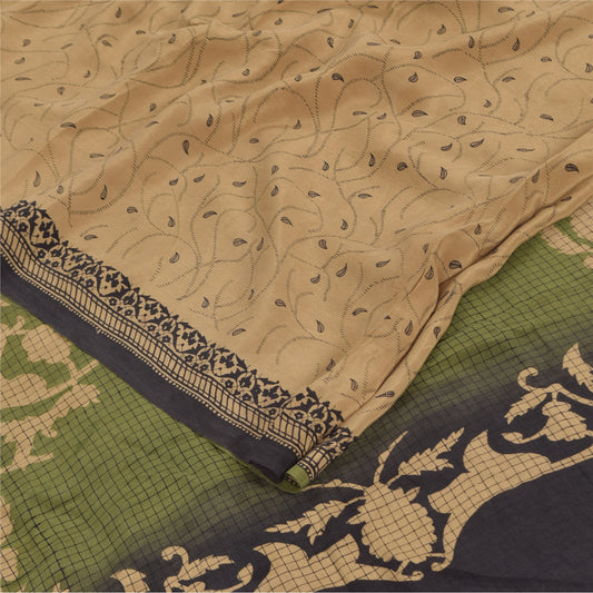 Sanskriti Vintage Sarees Light-Brown Pure Crepe Silk Print Sari 5yd Craft Sustainable Fabric