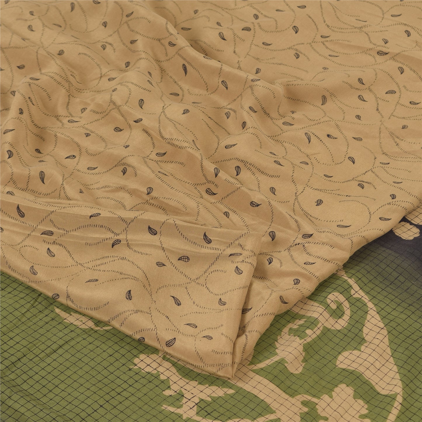 Sanskriti Vintage Sarees Light-Brown Pure Crepe Silk Print Sari 5yd Craft Sustainable Fabric