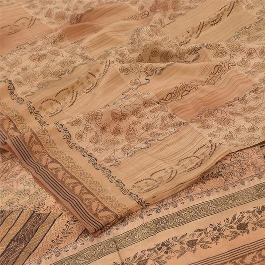 Sanskriti Vintage Sarees Brown Pure Crepe Silk Printed Sari 5yd Craft Sustainable Fabric