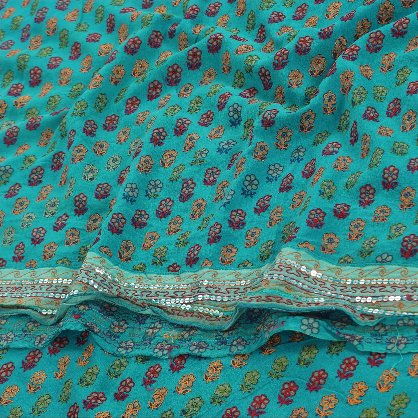 Sanskriti Vintage Sarees Green Pure Crepe Silk Embroidered Printed Sari Sustainable Fabric