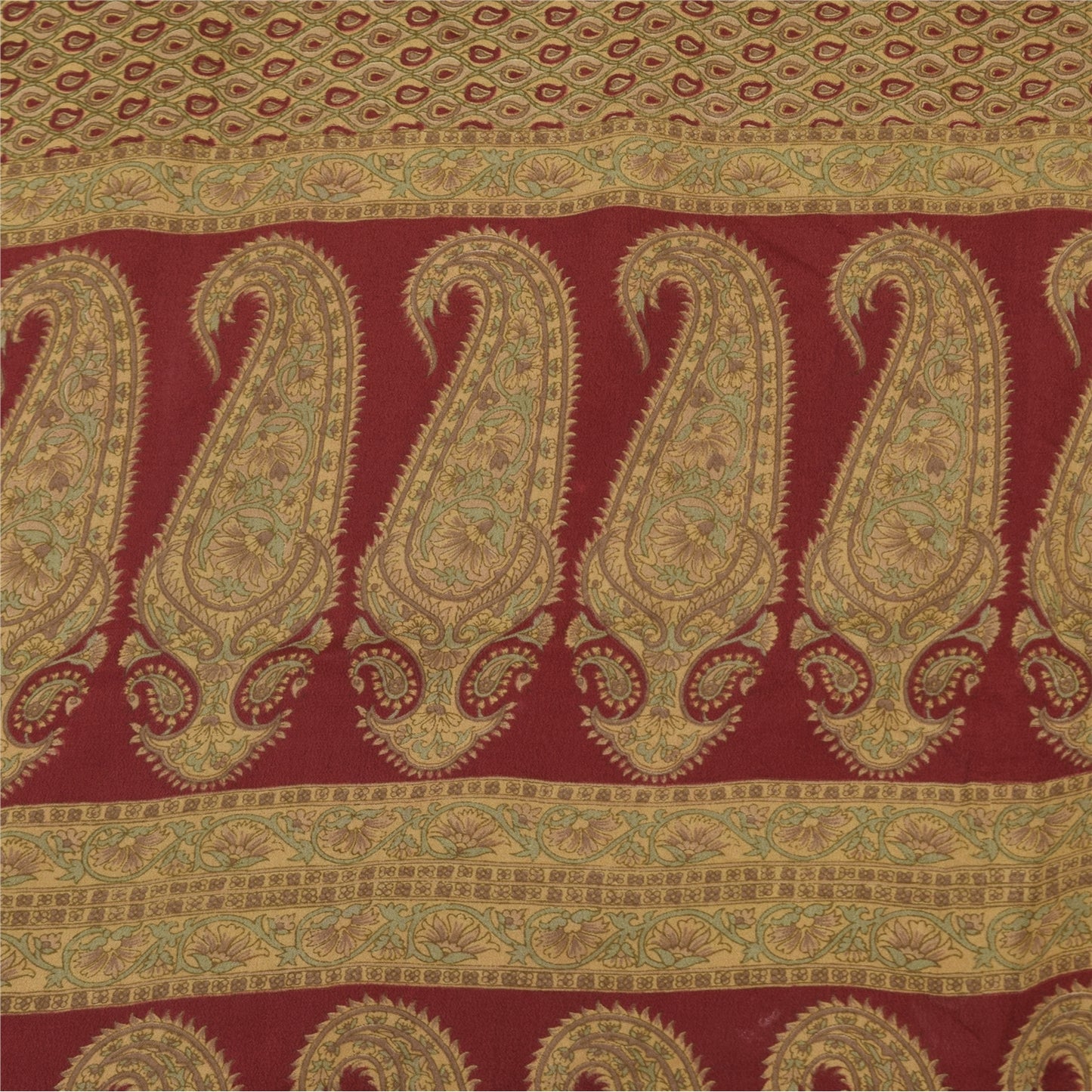 Sanskriti Vintage Sarees Green/Red Pure Crepe Silk Printed Sari 6yd Craft Sustainable Fabric