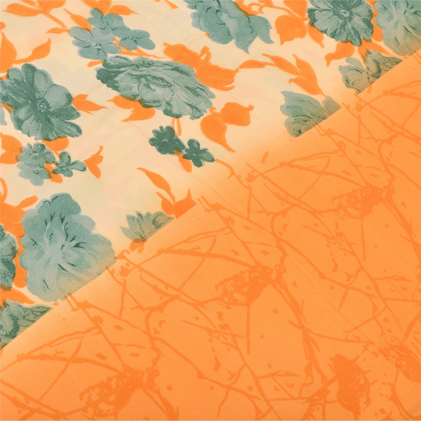 Sanskriti Vintage Sarees Orange/ivory Pure Crepe Silk Printed Sari Craft Sustainable Fabric