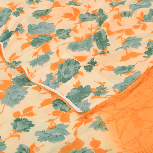 Sanskriti Vintage Sarees Orange/ivory Pure Crepe Silk Printed Sari Craft Sustainable Fabric