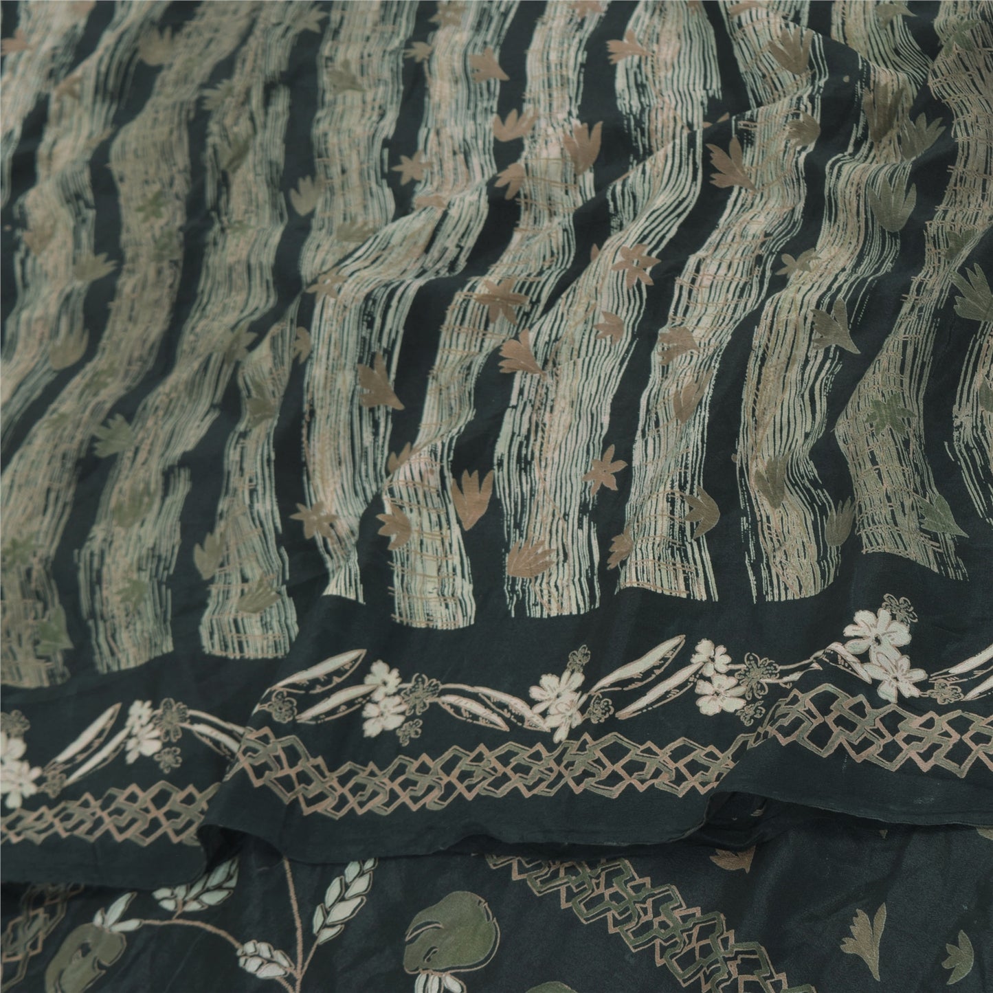 Sanskriti Vintage Sarier Mørkegrønne Ren Crepe Silke Print Sari 5yd Håndværksmæssigt Bæredygtigt Stoff