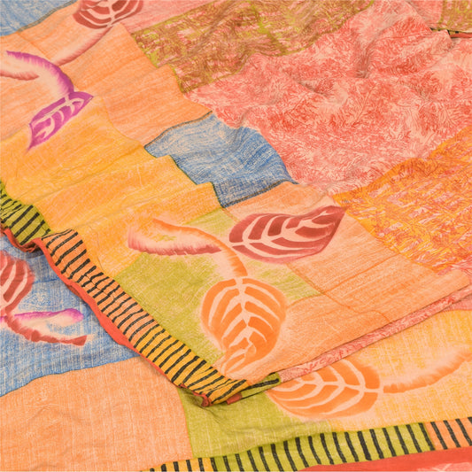 Sanskriti Vintage Sarees Multicolor Pure Crepe Silk Print Sari 5yd Craft Sustainable Fabric