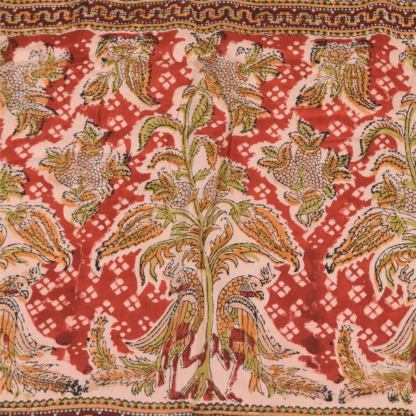 Sanskriti Vintage Sarees Peach Hand Block Printed Pure Crepe Silk Sari Sustainable Fabric