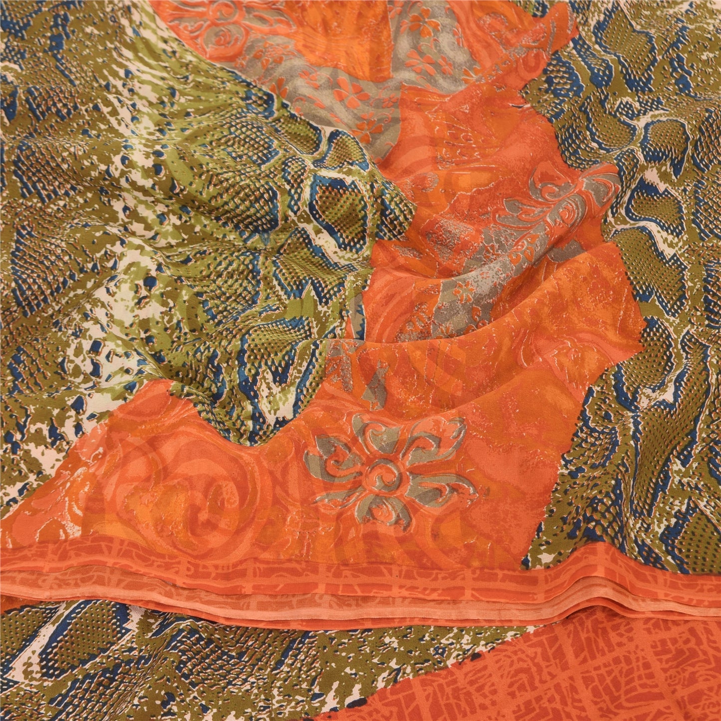Sanskriti Vintage Sarees Orange/Green Pure Crepe Silk Printed Sari 6yd Sustainable Fabric