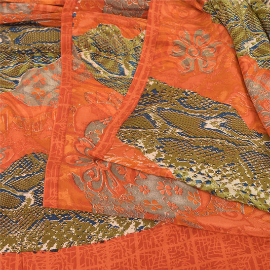 Sanskriti Vintage Sarier Orange/Grøn Ren Crepe Silke Trykt Sari 6 m Bæredygtigt Stof