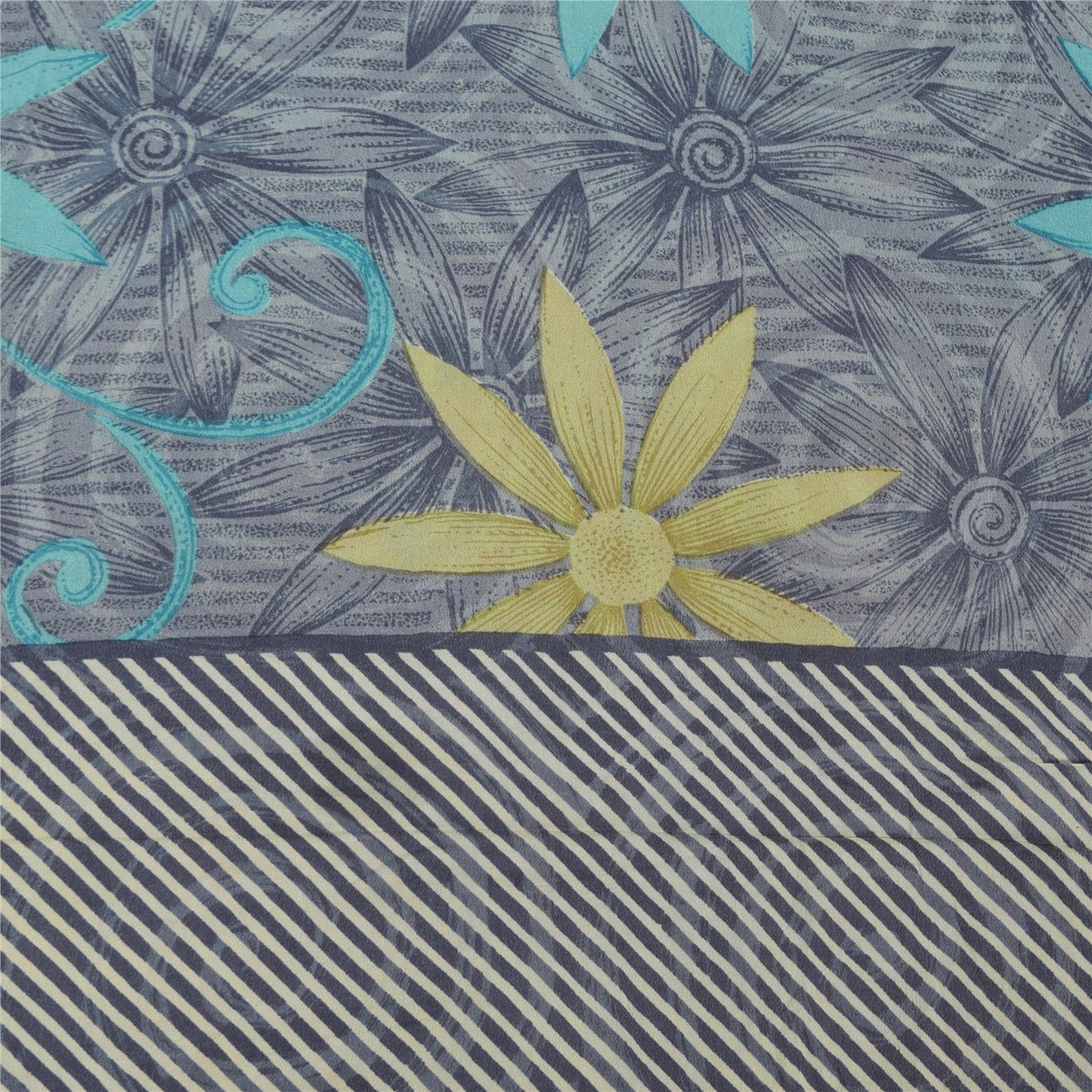 Sanskriti Vintage Saree Gray Pure Crepe Floral Printed Sari 5.5+Yd Craft Fabric