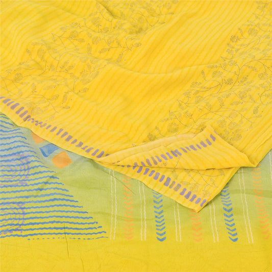 Sanskriti Vintage Sarees Yellow Pure Crepe Silk Printed Sari 5yd Craft Sustainable Fabric