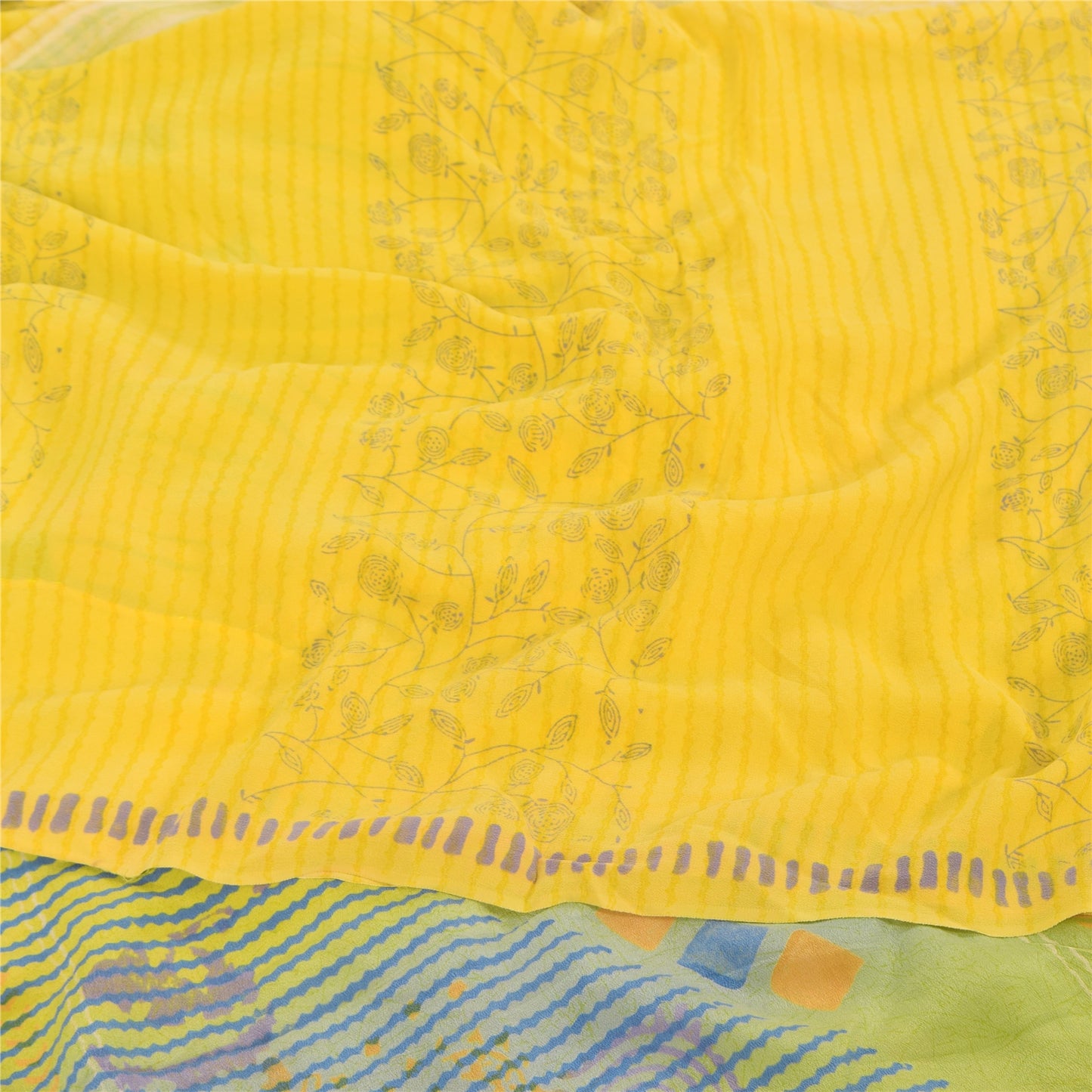 Sanskriti Vintage Sarees Yellow Pure Crepe Silk Printed Sari 5yd Craft Sustainable Fabric
