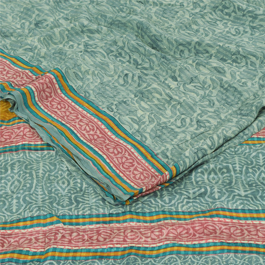 Sanskriti Vintage Sarees Green Pure Crepe Silk Printed Sari 6+yd Craft Fabric