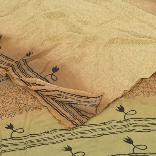 Sanskriti Vintage Sarees Beige Pure Crepe Silk Printed Sari 5+yd Craft Sustainable Fabric