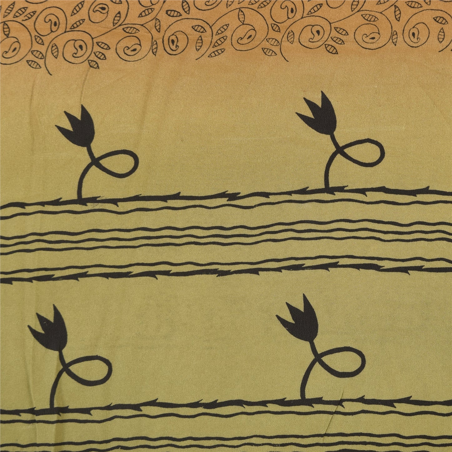 Sanskriti Vintage Sarees Beige Pure Crepe Silk Printed Sari 5+yd Craft Sustainable Fabric