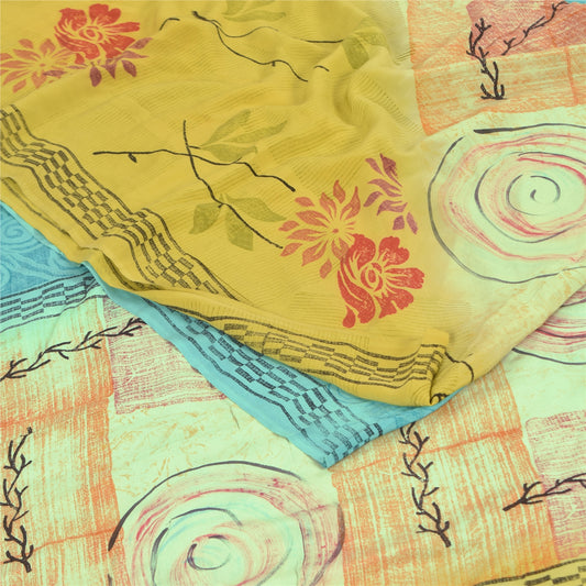 Sanskriti Vintage Sarees Multi Pure Crepe Silk Printed Sari 6+yd Craft Sustainable Fabric