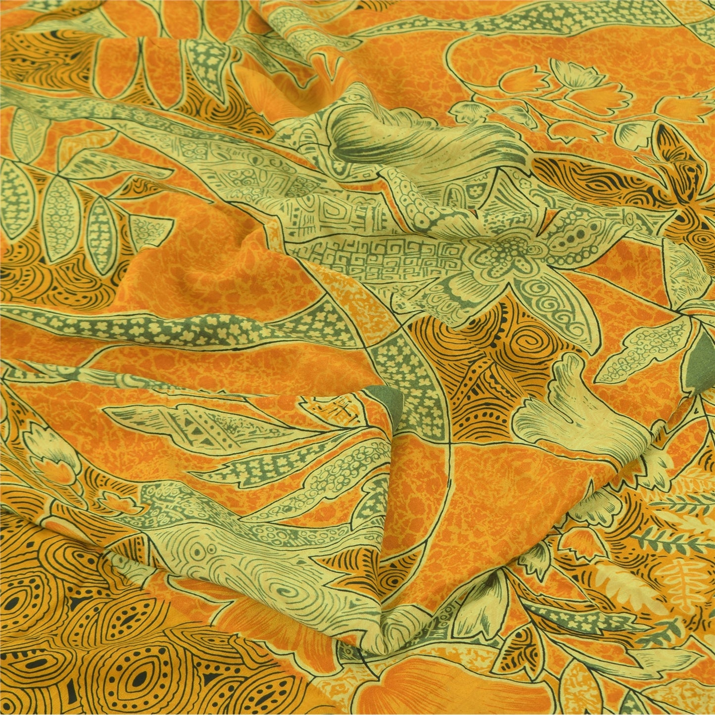 Sanskriti Vintage Sarees Saffron/Green Pure Crepe Printed Sari 5+yd Craft Sustainable Fabric