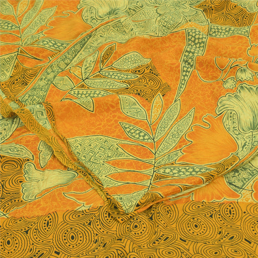 Sanskriti Vintage Sarees Saffron/Green Pure Crepe Printed Sari 5+yd Craft Sustainable Fabric
