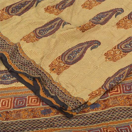 Sanskriti Vintage Sarees Peach Pure Crepe Silk Printed Sari 5+yd Craft Sustainable Fabric