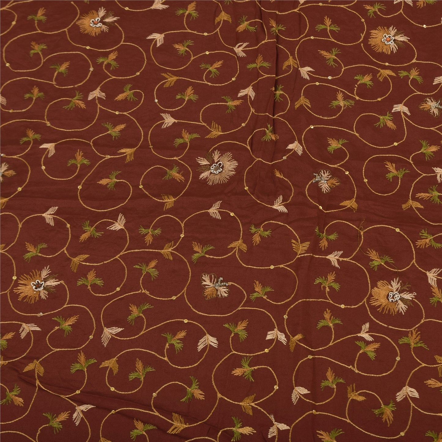 Sanskriti Vintage Sarees Orange Hand Beaded Suzani Pure Crepe Sari 5+yd Sustainable Fabric