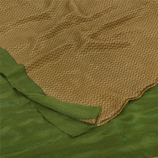 Sanskriti Vintage Sarees Brown/Green Pure Crepe Printed Sari 5+yd Craft Sustainable Fabric