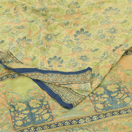 Sanskriti Vintage Sarees Light Green Pure Crepe Printed Sari 5+yd Craft Sustainable Fabric