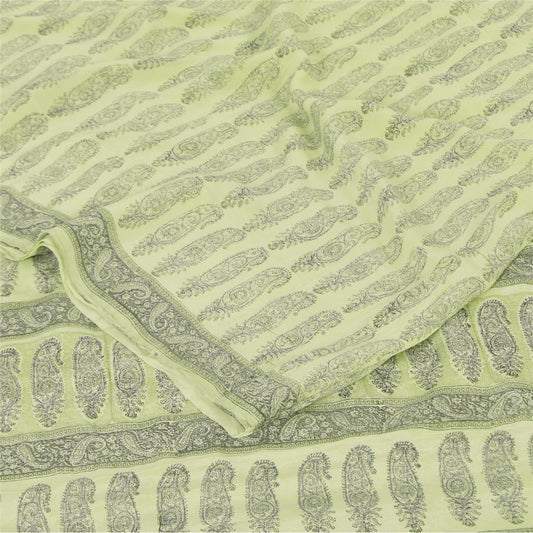 Sanskriti Vintage Sarees Olive Green Pure Crepe Printed Sari 5+yd Craft Sustainable Fabric