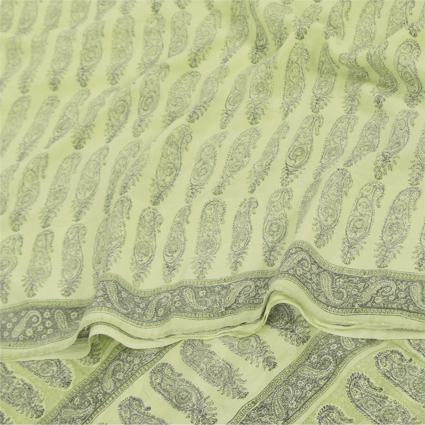 Sanskriti Vintage Sarees Olive Green Pure Crepe Printed Sari 5+yd Craft Sustainable Fabric