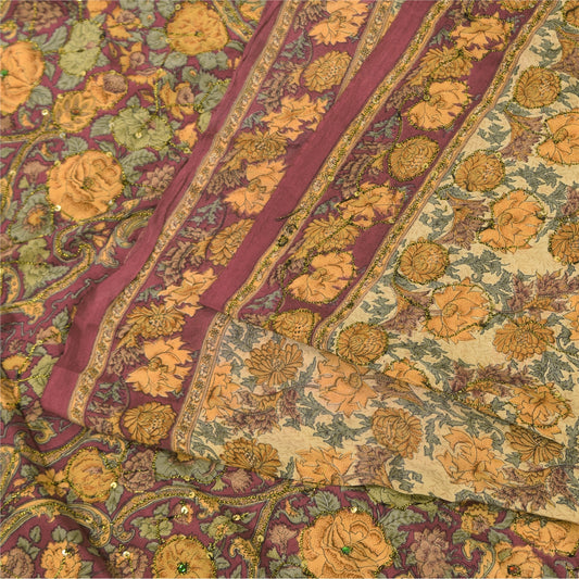 Sanskriti Vintage Sarees Multi Pure Crepe Silk Printed Sari 5+yd Craft Fabric