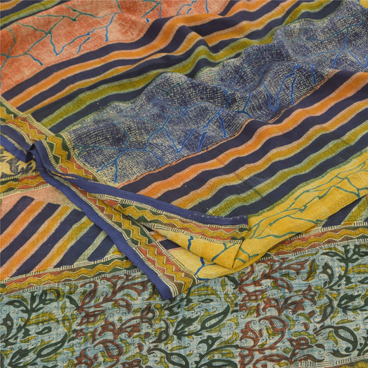 Sanskriti Vintage Sarees Multi Pure Crepe Silk Printed Sari 5+yd Craft Sustainable Fabric