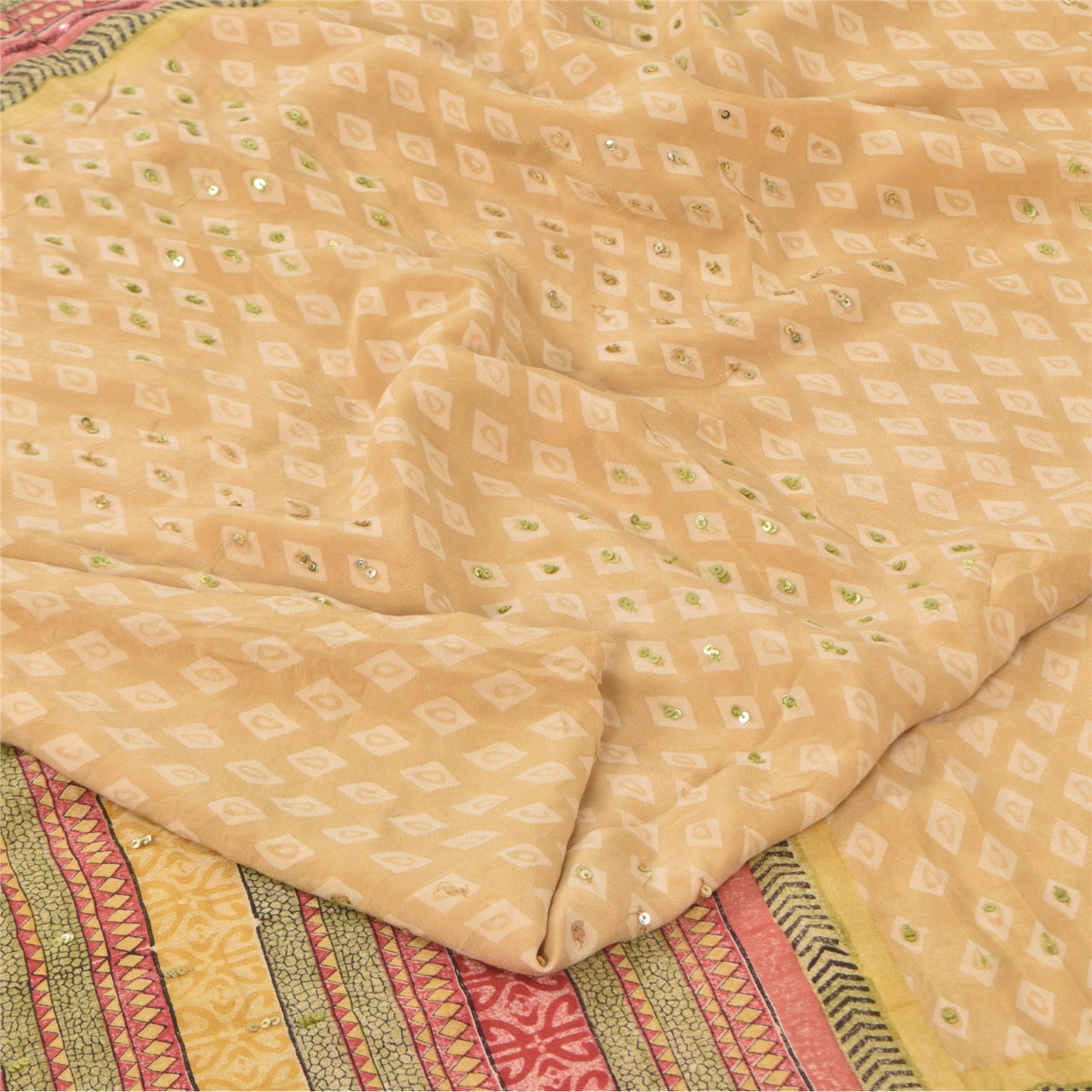 Sanskriti Vintage Sarees Peach Hand Beads Print Pure Crepe Silk Sari 5+yd Sustainable Fabric