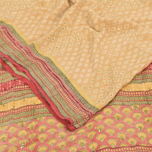 Sanskriti Vintage Sarees Peach Hand Beads Print Pure Crepe Silk Sari 5+yd Sustainable Fabric
